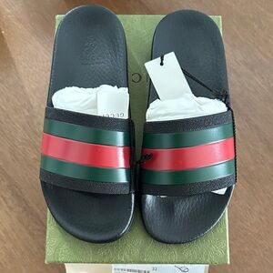 Gucci Black Slides with Red and Green Bands